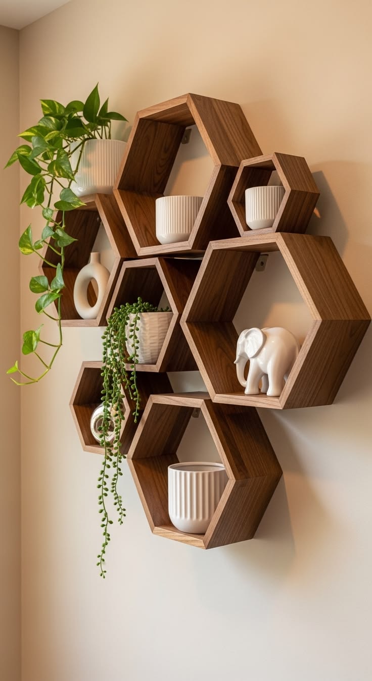 Large honeycomb wood display shelf with mugs, teapot and decorative items