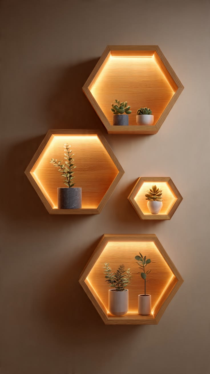 LED hexagonal wood wall shelves with warm amber lighting and potted plants