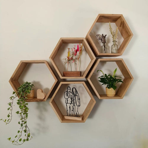 Hexagonal wood wall shelves with LED lighting and plants