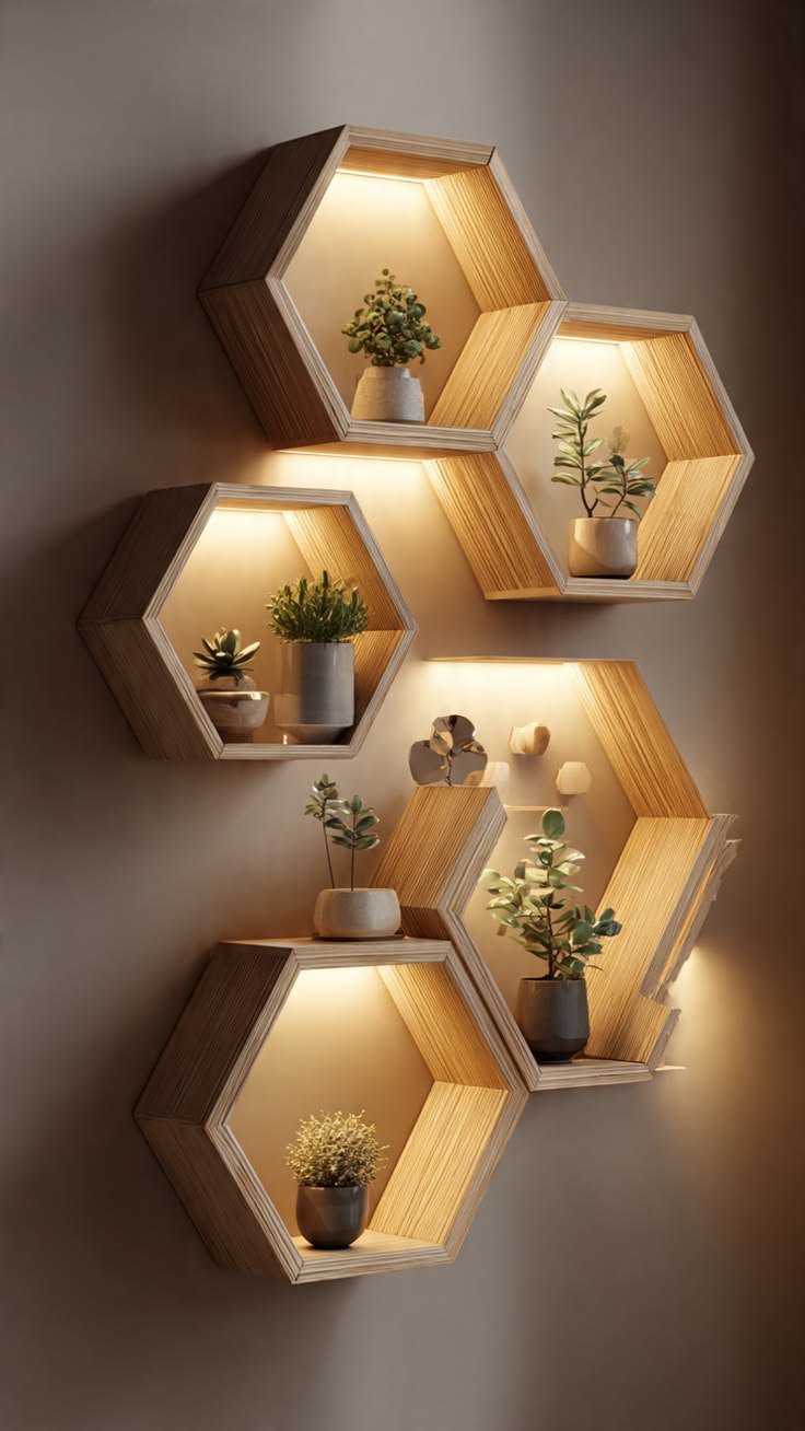 Modular LED hexagonal wood shelf set styled with green plants