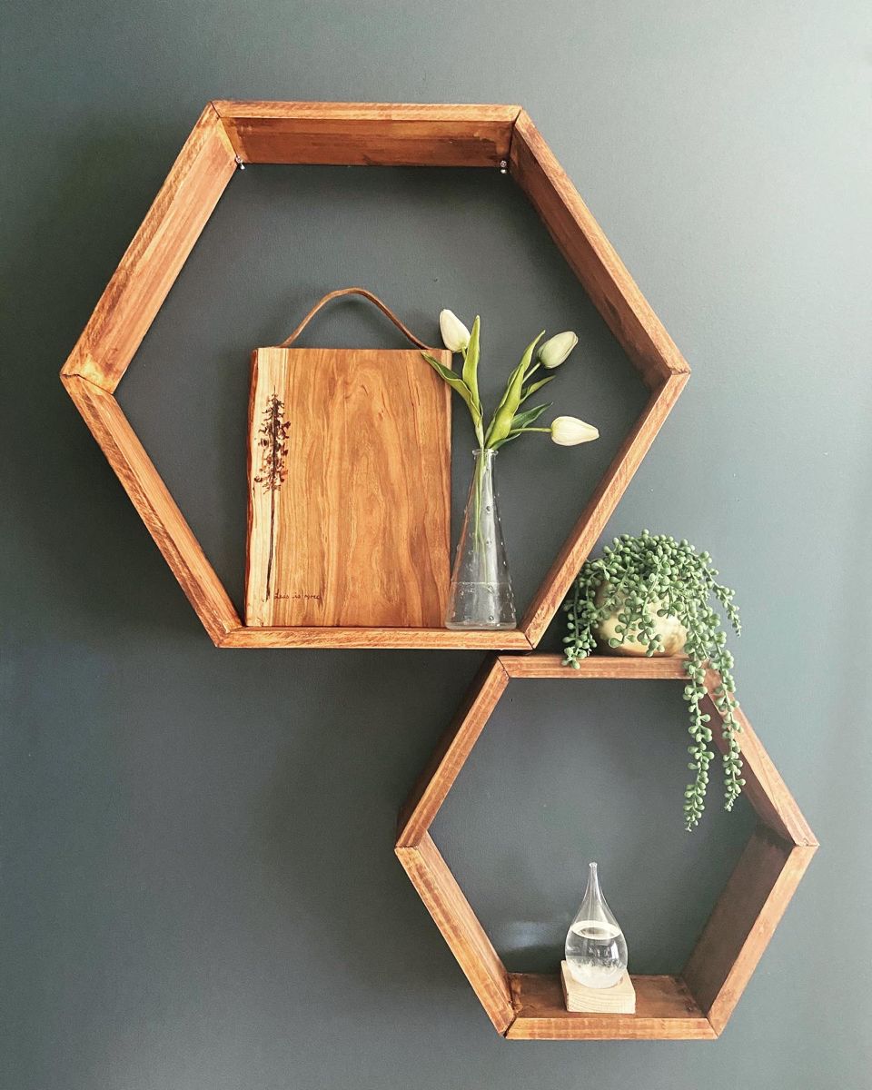 Freestanding rustic hexagonal wood shelves with succulent plants