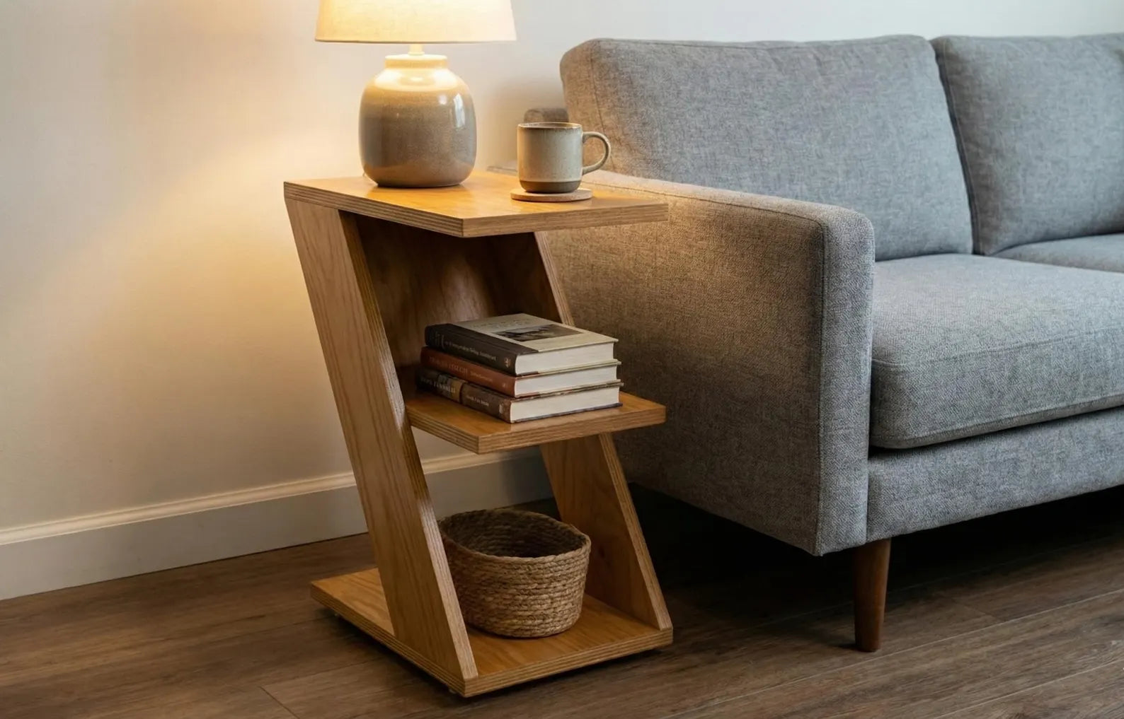 Wooden Side Table With Storage Shelves