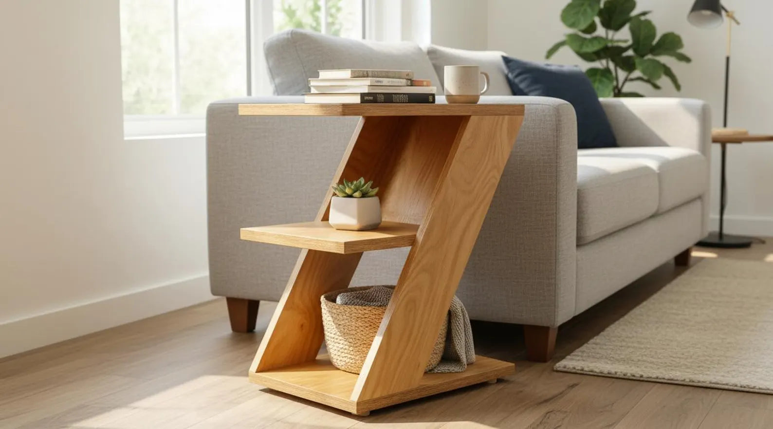 Wooden Side Table With Storage Shelves