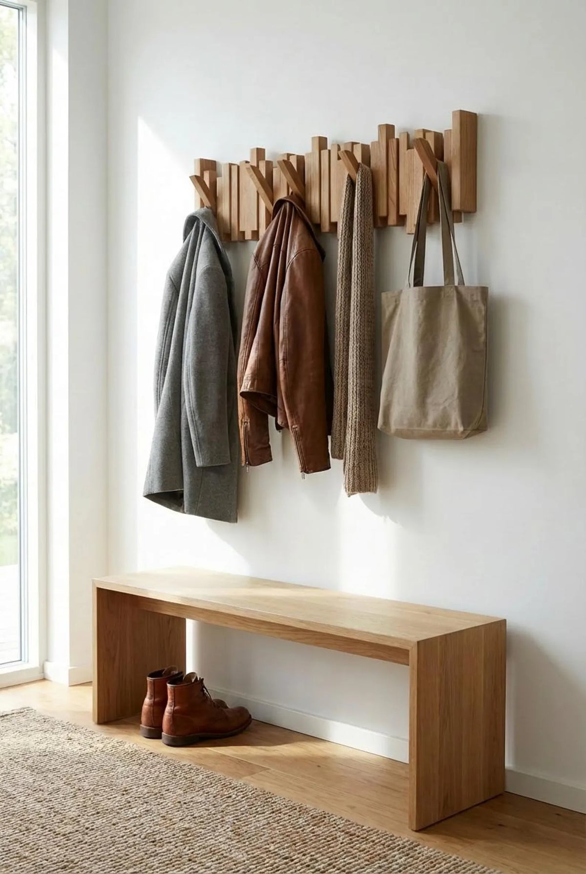 Wooden Wall Coat Rack with Flip-Down Hooks