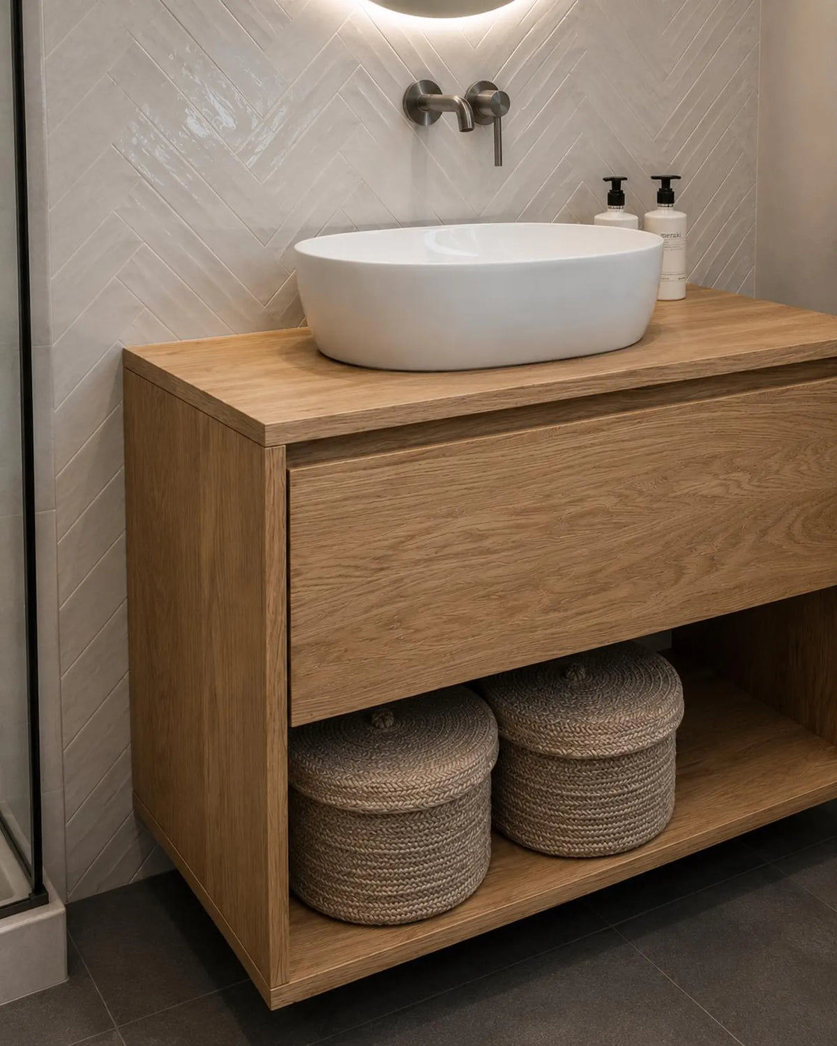 Floating Oak Bathroom Vanity with Vessel Sink