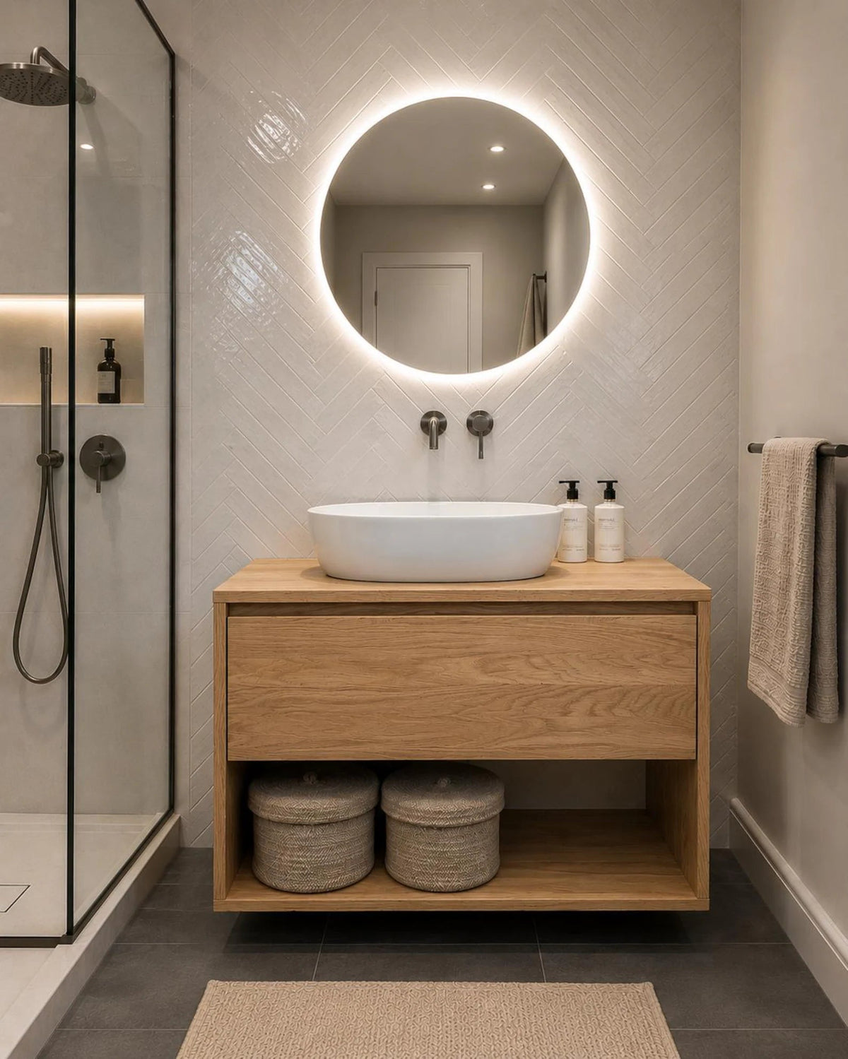 Floating oak bathroom vanity with vessel sink - front view